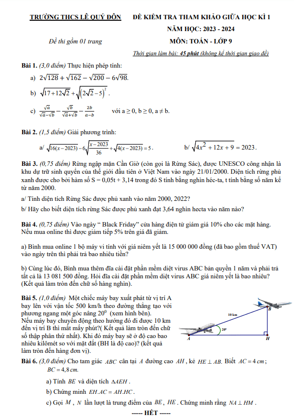 Đề tham khảo giữa học kì 1 (HK1) lớp 9 môn Toán năm 2023 2024 trường THCS Lê Quý Đôn TP HCM