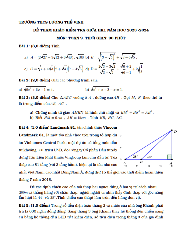 Đề tham khảo giữa học kì 1 (HK1) lớp 9 môn Toán năm 2023 2024 trường THCS Lương Thế Vinh TP HCM