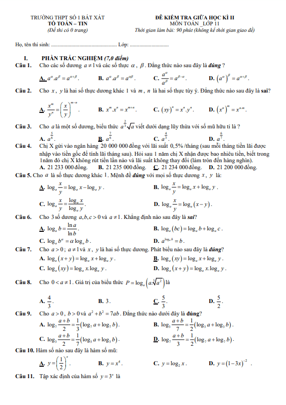 Đề tham khảo giữa học kì 2 (HK2) lớp 11 môn Toán KNTTVCS năm 2023 2024 THPT Bát Xát 1 Lào Cai