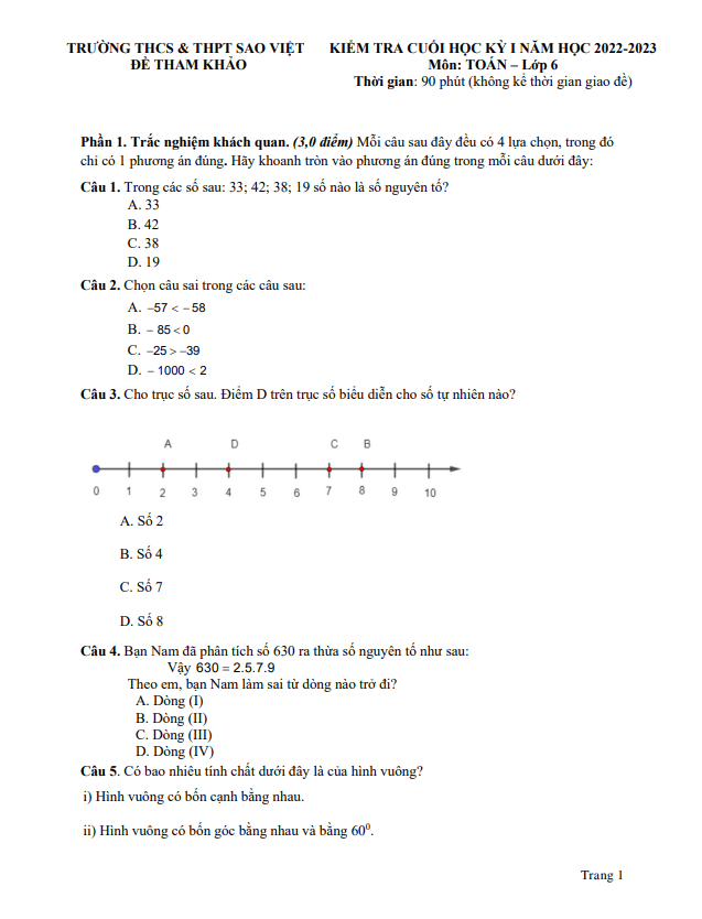 Đề tham khảo học kì 1 (HK1) lớp 6 môn Toán năm 2022 2023 trường Sao Việt TP HCM