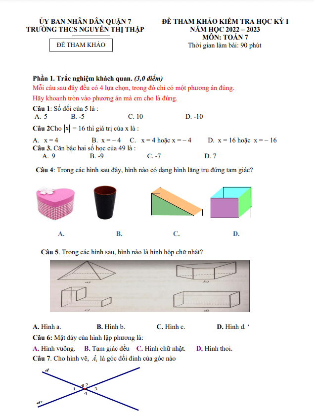 Đề tham khảo học kì 1 (HK1) lớp 7 môn Toán năm 2022 2023 trường THCS Nguyễn Thị Thập TP HCM