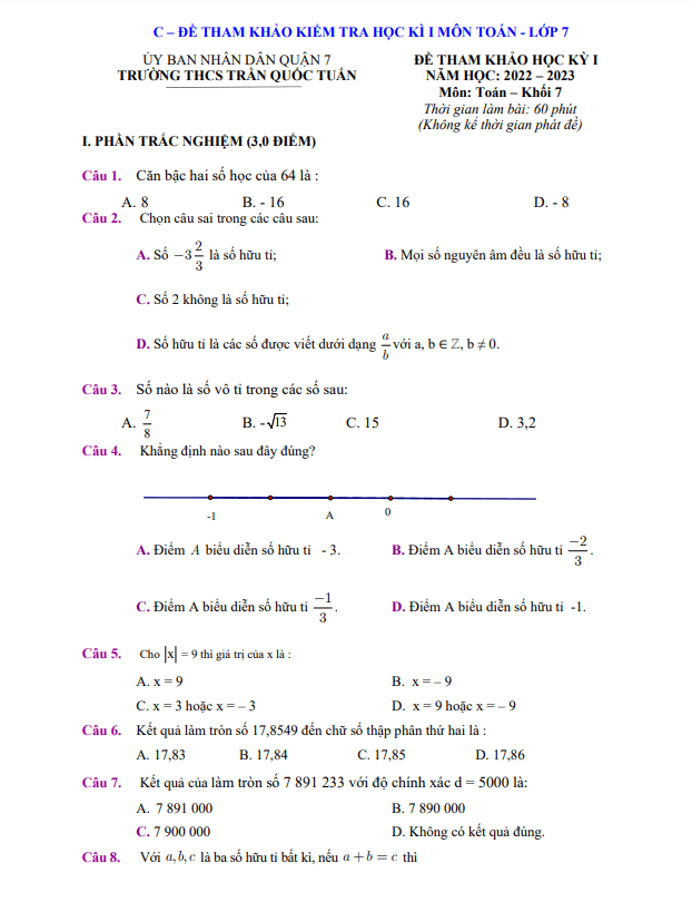Đề tham khảo học kì 1 (HK1) lớp 7 môn Toán năm 2022 2023 trường THCS Trần Quốc Tuấn TP HCM