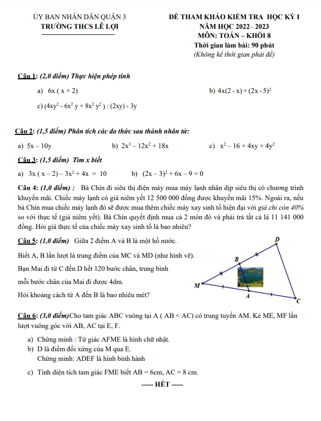 Đề tham khảo học kì 1 (HK1) lớp 8 môn Toán năm 2022 2023 trường THCS Lê Lợi TP HCM