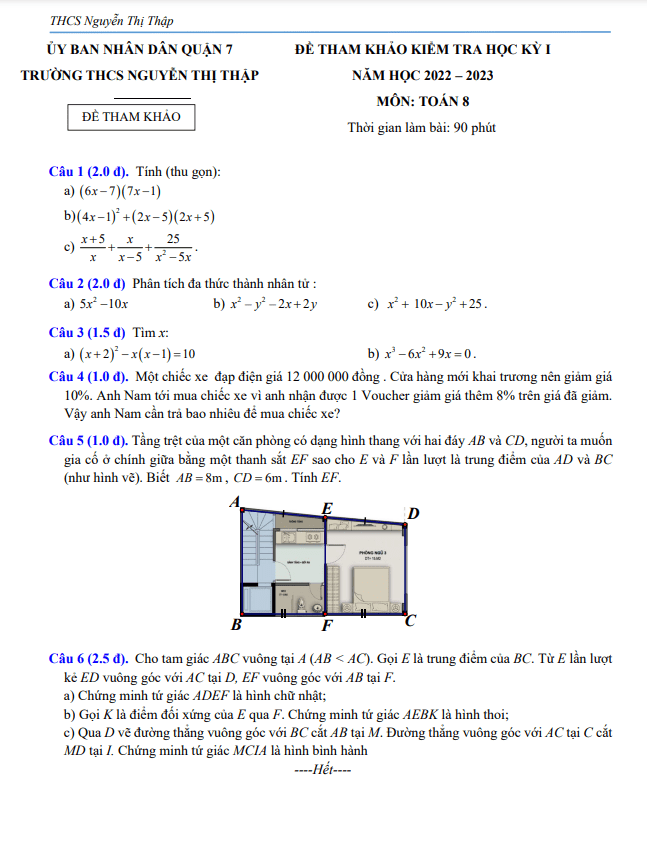 Đề tham khảo học kì 1 (HK1) lớp 8 môn Toán năm 2022 2023 trường THCS Nguyễn Thị Thập TP HCM