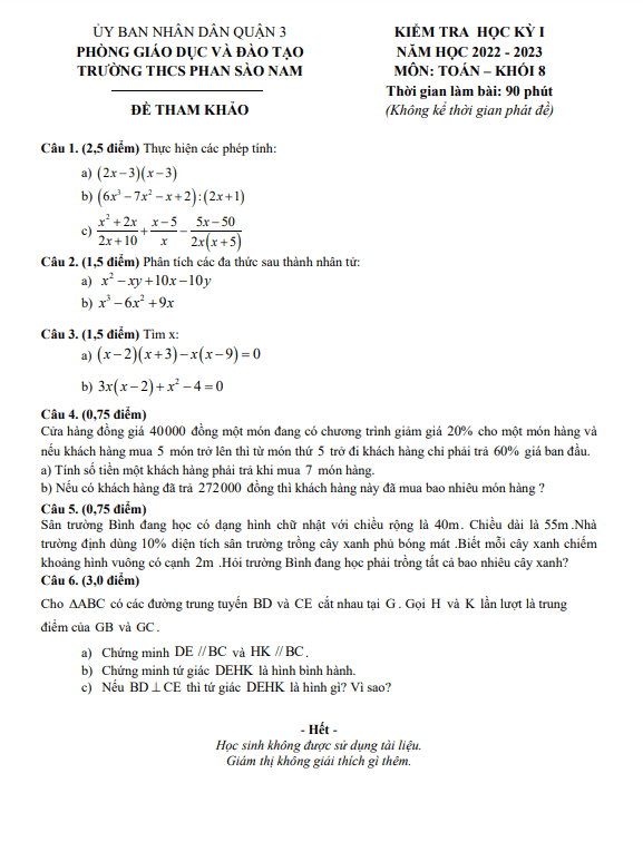 Đề tham khảo học kì 1 (HK1) lớp 8 môn Toán năm 2022 2023 trường THCS Phan Sào Nam TP HCM