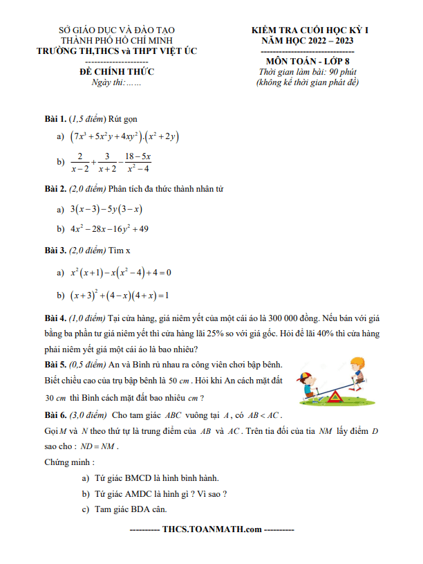 Đề tham khảo học kì 1 (HK1) lớp 8 môn Toán năm 2022 2023 trường Việt Úc TP HCM