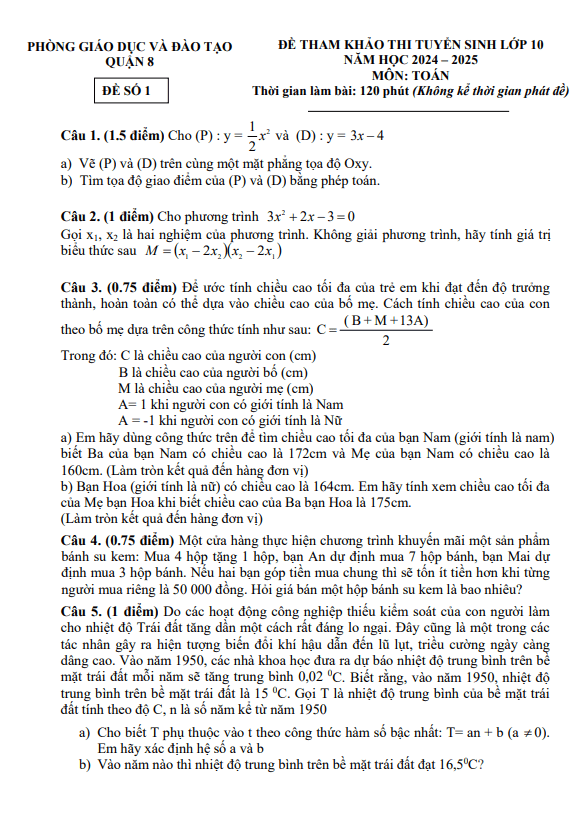 Đề tham khảo tuyển sinh 10 lớp 2024 môn Toán 2025 phòng GD ĐT Quận 8 TP HCM