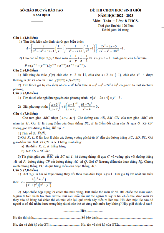Đề thi chọn học sinh giỏi lớp 8 môn Toán năm 2022 2023 sở GD ĐT Nam Định