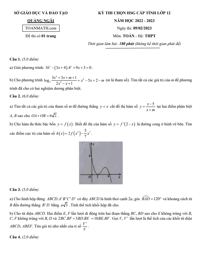 Đề thi chọn HSG cấp tỉnh lớp 12 môn Toán năm 2022 2023 sở GD ĐT Quảng Ngãi