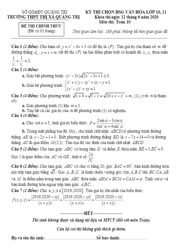 Đề thi chọn HSG lớp 10 môn Toán năm học 2019 2020 trường THPT thị xã Quảng Trị