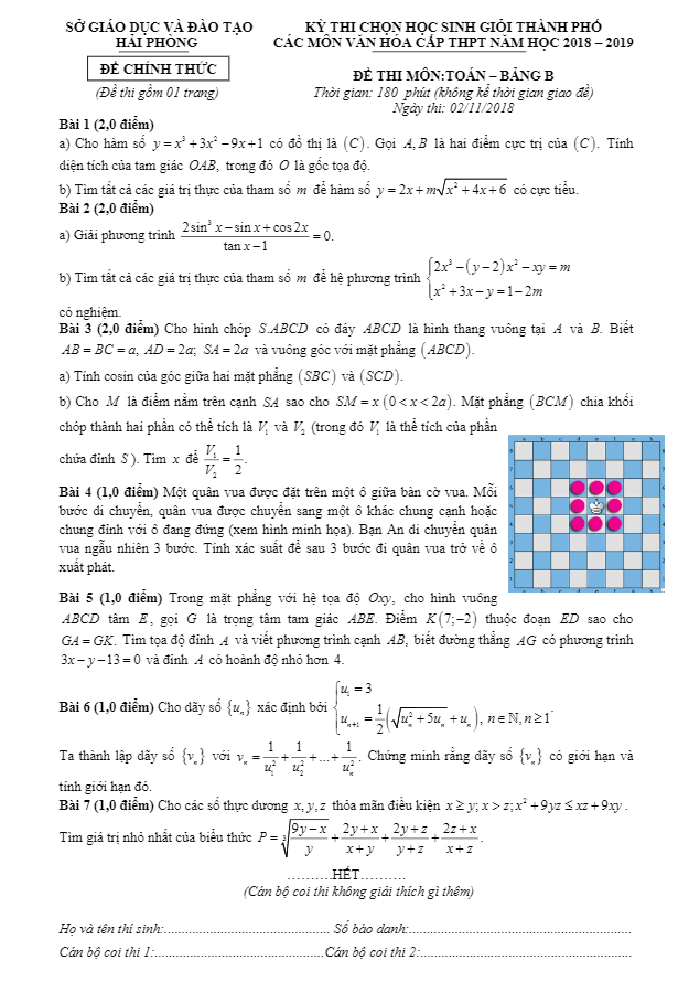 Đề thi chọn HSG thành phố môn Toán năm 2018 2019 sở GD và ĐT Hải Phòng