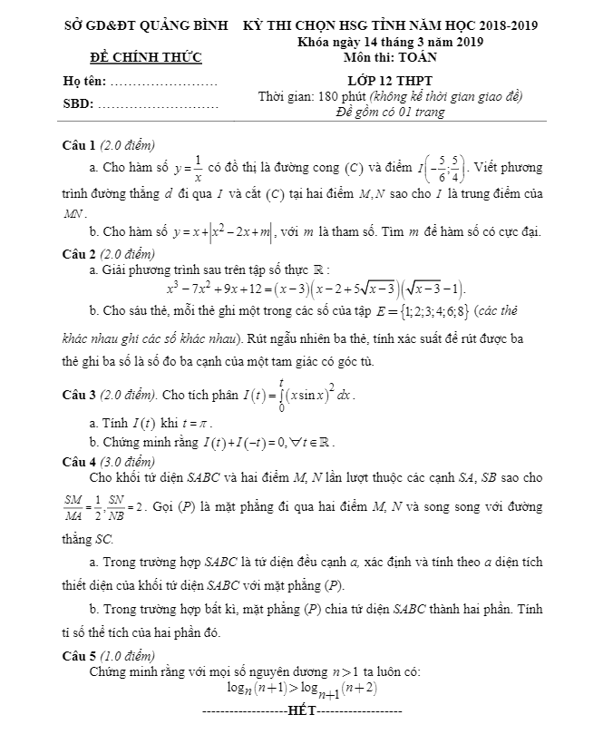 Đề thi chọn HSG tỉnh lớp 12 môn Toán năm 2018 2019 sở GD ĐT Quảng Bình