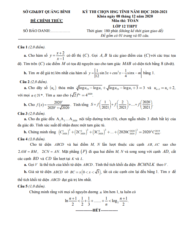 Đề thi chọn HSG tỉnh lớp 12 môn Toán năm 2020 2021 sở GD ĐT Quảng Bình