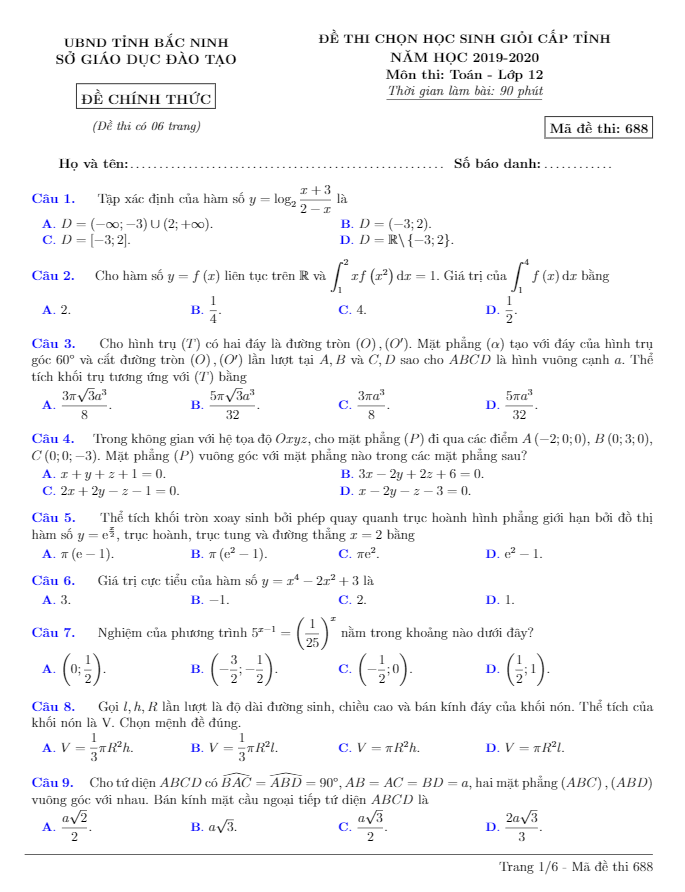 Đề thi chọn HSG tỉnh lớp 12 môn Toán năm học 2019 2020 sở GD ĐT Bắc Ninh