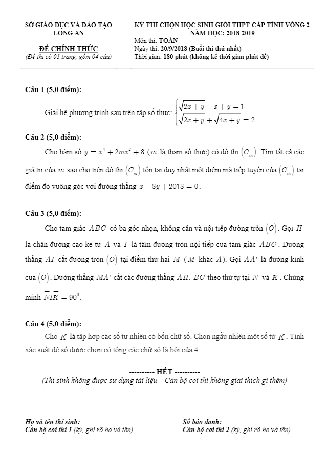 Đề thi chọn HSG Toán cấp tỉnh vòng 2 năm 2018 2019 sở GD và ĐT Long An