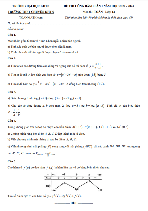 Đề thi công bằng lớp 12 môn Toán lần 1 năm 2022 2023 trường chuyên KHTN Hà Nội