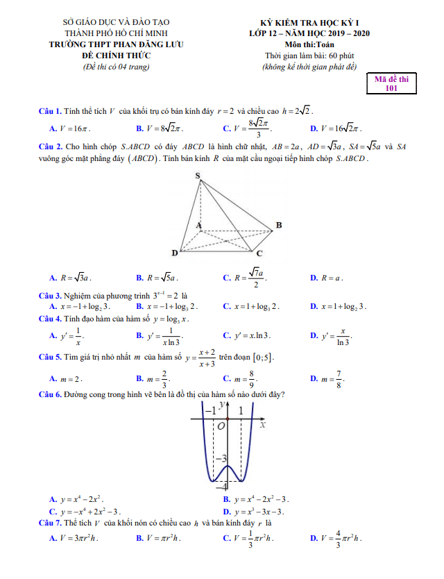 Đề thi cuối học kì 1 (HK1) lớp 12 môn Toán năm 2019 2020 trường THPT Phan Đăng Lưu TP HCM