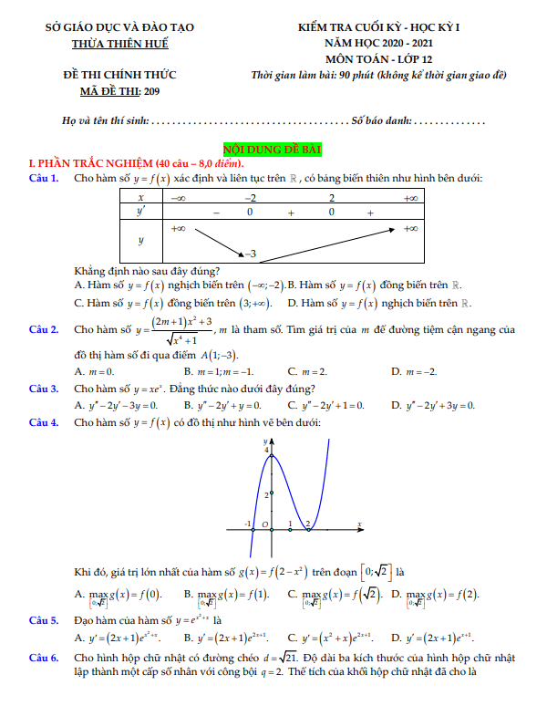 Đề thi cuối học kì 1 (HK1) lớp 12 môn Toán năm 2020 2021 sở GD ĐT Thừa Thiên Huế