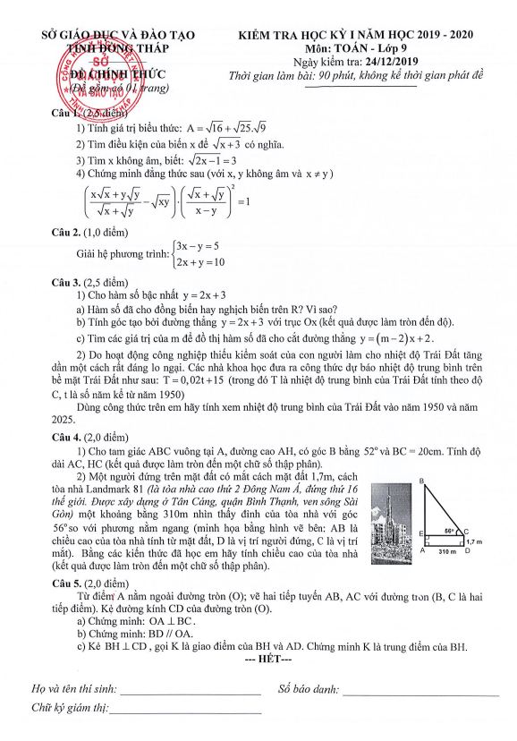 Đề thi cuối học kì 1 (HK1) lớp 9 môn Toán năm 2019 2020 sở GD ĐT Đồng Tháp
