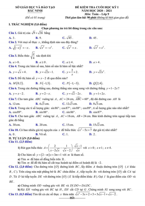 Đề thi cuối học kì 1 (HK1) lớp 9 môn Toán năm 2020 2021 sở GD ĐT Bắc Ninh