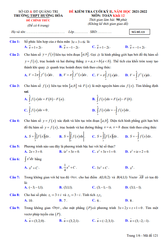 Đề thi cuối học kì 2 (HK2) lớp 12 môn Toán năm 2021 2022 trường THPT Hướng Hóa Quảng Trị