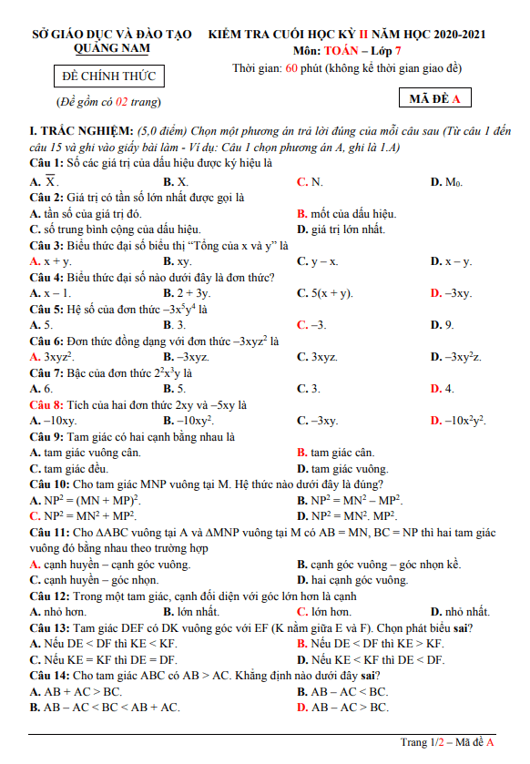 Đề thi cuối học kì 2 (HK2) lớp 7 môn Toán năm 2020 2021 sở GD ĐT Quảng Nam