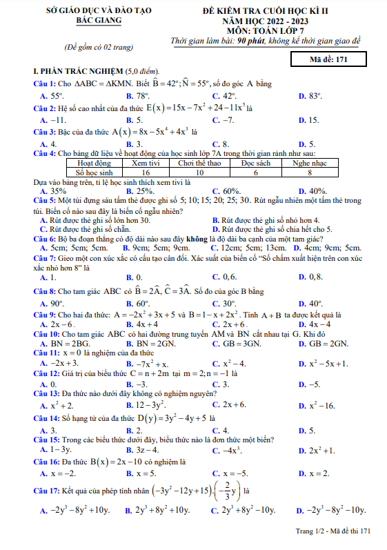 Đề thi cuối học kì 2 (HK2) lớp 7 môn Toán năm 2022 2023 sở GD ĐT Bắc Giang