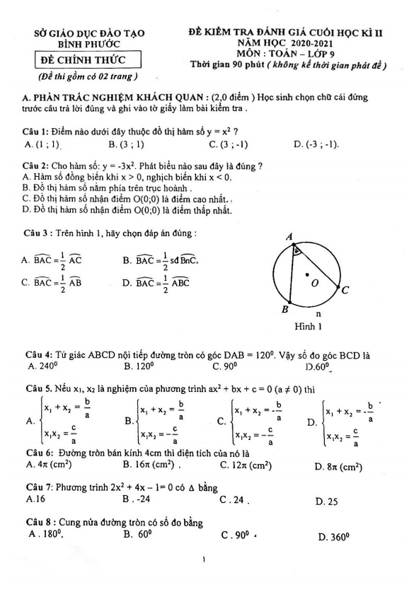 Đề thi cuối học kì 2 (HK2) lớp 9 môn Toán năm 2020 2021 sở GD ĐT Bình Phước