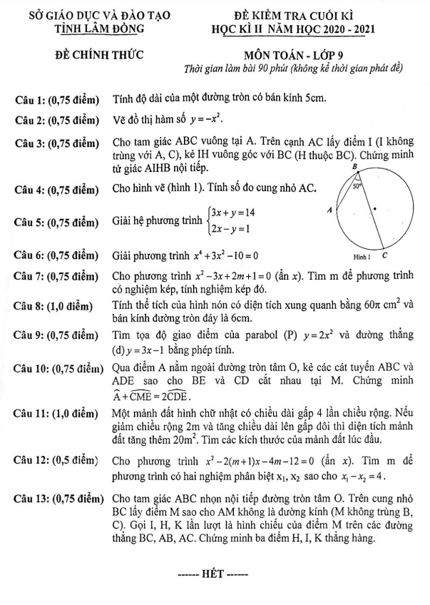 Đề thi cuối học kì 2 (HK2) lớp 9 môn Toán năm 2020 2021 sở GD ĐT tỉnh Lâm Đồng