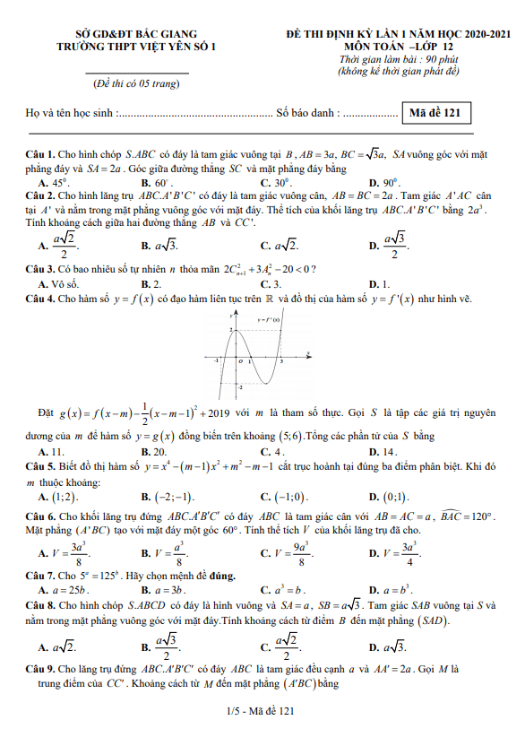 Đề thi định kỳ lớp 12 môn Toán lần 1 năm 2020 2021 trường Việt Yên 1 Bắc Giang