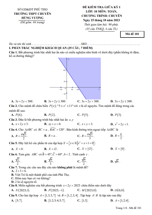 Đề thi giữa học kì 1 (HK1) lớp 10 môn Toán chuyên năm 2023 2024 trường chuyên Hùng Vương Phú Thọ