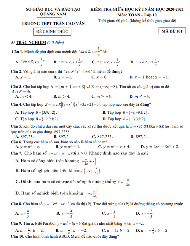 Đề thi giữa học kì 1 (HK1) lớp 10 môn Toán năm 2020 2021 trường THPT Trần Cao Vân Quảng Nam