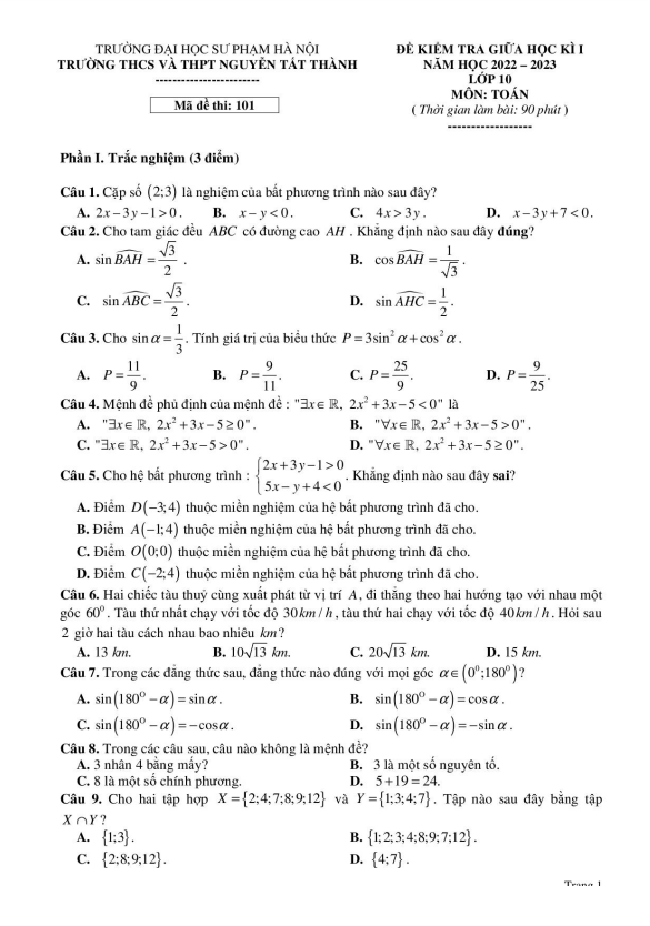 Đề thi giữa học kì 1 (HK1) lớp 10 môn Toán năm 2022 2023 trường Nguyễn Tất Thành Hà Nội