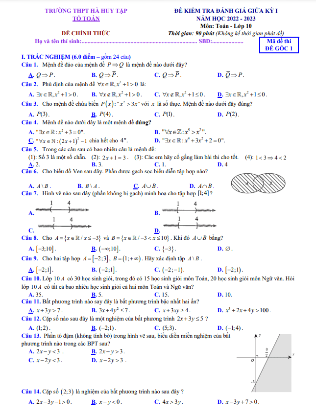 Đề thi giữa học kì 1 (HK1) lớp 10 môn Toán năm 2022 2023 trường THPT Hà Huy Tập Hà Tĩnh
