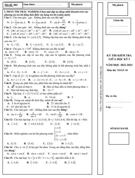 Đề thi giữa học kì 1 (HK1) lớp 10 môn Toán năm 2022 2023 trường THPT Hương Khê Hà Tĩnh