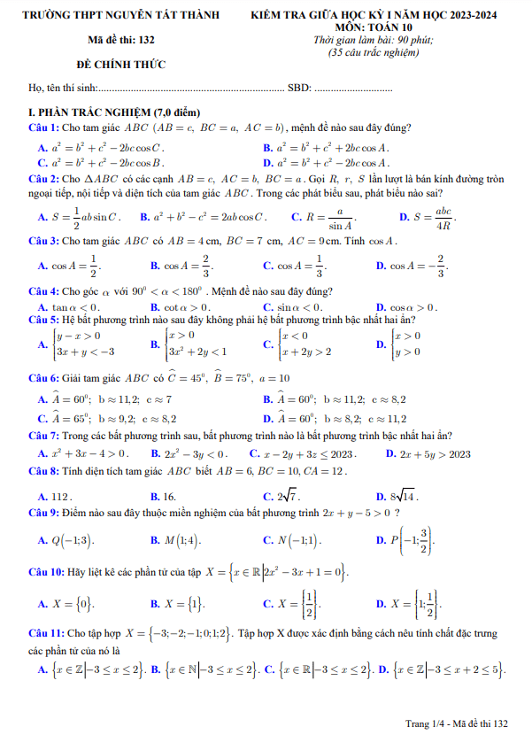 Đề thi giữa học kì 1 (HK1) lớp 10 môn Toán năm 2023 2024 trường THPT Nguyễn Tất Thành Đắk Nông