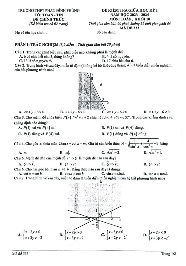 Đề thi giữa học kì 1 (HK1) lớp 10 môn Toán năm 2023 2024 trường THPT Phan Đình Phùng Hà Nội