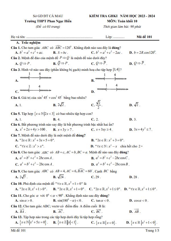 Đề thi giữa học kì 1 (HK1) lớp 10 môn Toán năm 2023 2024 trường THPT Phan Ngọc Hiển Cà Mau