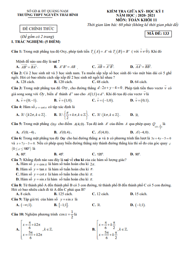Đề thi giữa học kì 1 (HK1) lớp 11 môn Toán năm 2020 2021 trường THPT Nguyễn Thái Bình Quảng Nam