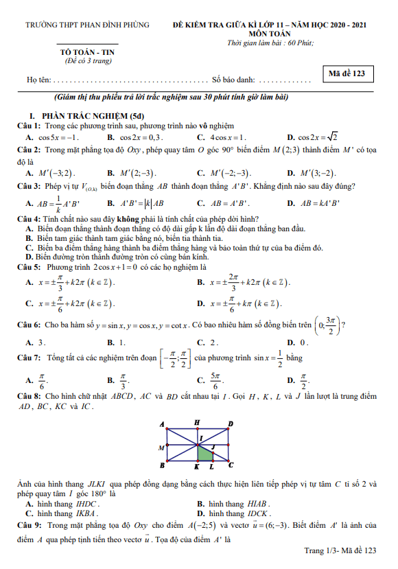 Đề thi giữa học kì 1 (HK1) lớp 11 môn Toán năm 2020 2021 trường THPT Phan Đình Phùng Hà Nội