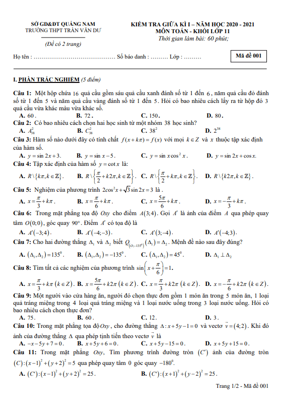 Đề thi giữa học kì 1 (HK1) lớp 11 môn Toán năm 2020 2021 trường THPT Trần Văn Dư Quảng Nam