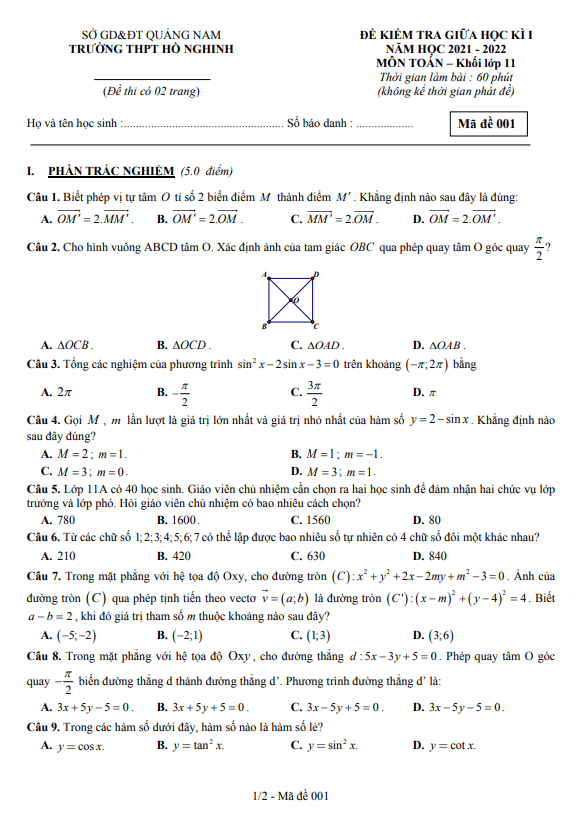 Đề thi giữa học kì 1 (HK1) lớp 11 môn Toán năm 2021 2022 trường THPT Hồ Nghinh Quảng Nam