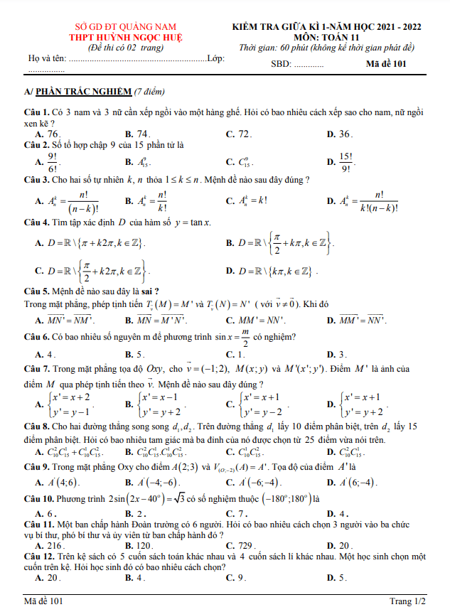 Đề thi giữa học kì 1 (HK1) lớp 11 môn Toán năm 2021 2022 trường THPT Huỳnh Ngọc Huệ Quảng Nam