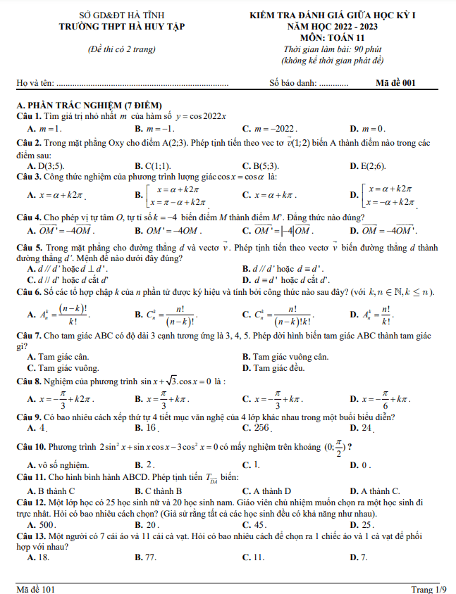 Đề thi giữa học kì 1 (HK1) lớp 11 môn Toán năm 2022 2023 trường THPT Hà Huy Tập Hà Tĩnh