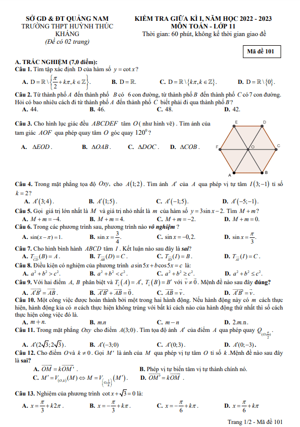 Đề thi giữa học kì 1 (HK1) lớp 11 môn Toán năm 2022 2023 trường THPT Huỳnh Thúc Kháng Quảng Nam