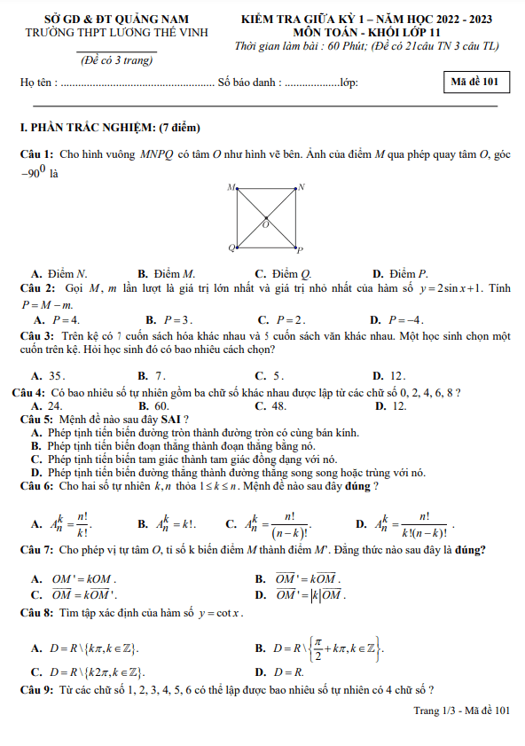 Đề thi giữa học kì 1 (HK1) lớp 11 môn Toán năm 2022 2023 trường THPT Lương Thế Vinh Quảng Nam