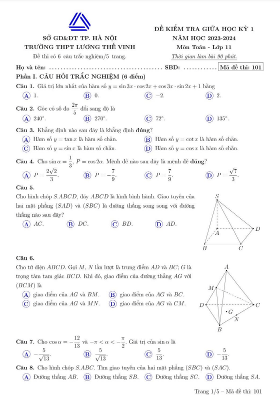 Đề thi giữa học kì 1 (HK1) lớp 11 môn Toán năm 2023 2024 trường Lương Thế Vinh Hà Nội
