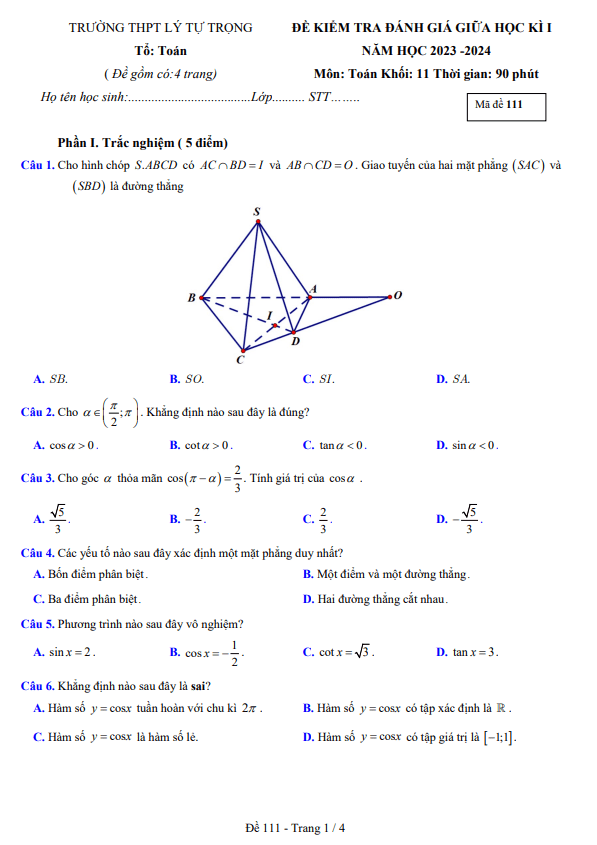 Đề thi giữa học kì 1 (HK1) lớp 11 môn Toán năm 2023 2024 trường THPT Lý Tự Trọng Khánh Hòa