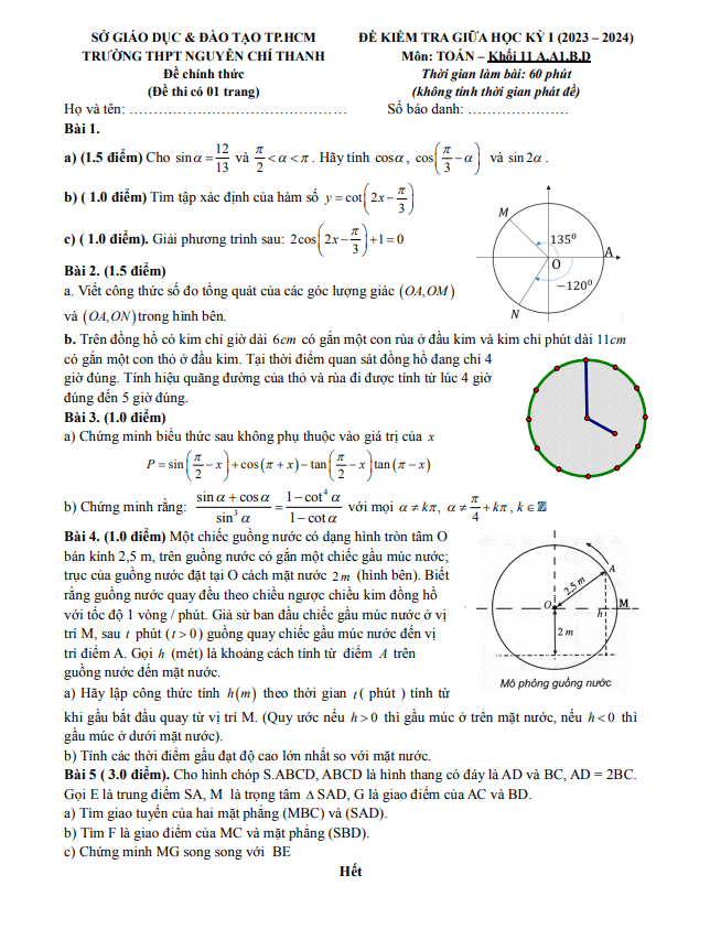 Đề thi giữa học kì 1 (HK1) lớp 11 môn Toán năm 2023 2024 trường THPT Nguyễn Chí Thanh TP HCM