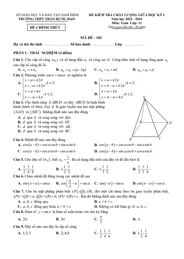 Đề thi giữa học kì 1 (HK1) lớp 11 môn Toán năm 2023 2024 trường THPT Trần Hưng Đạo Nam Định